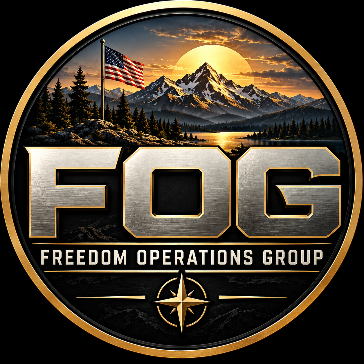 FOG Freedom Operations Group emblem with mountains, compass and American flag